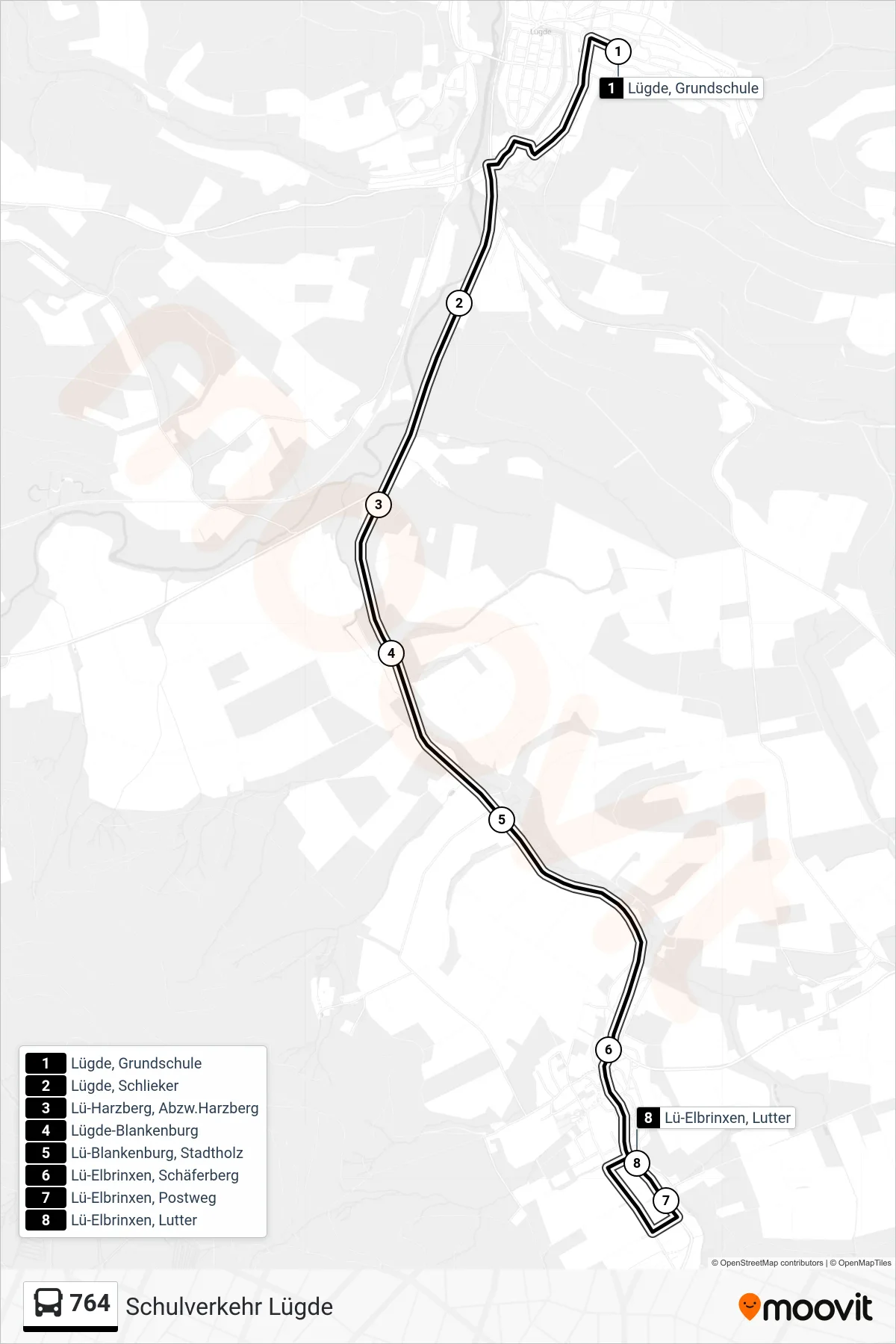 764 bus Line (Lü-Elbrinxen, Lutter) route and stops on a map