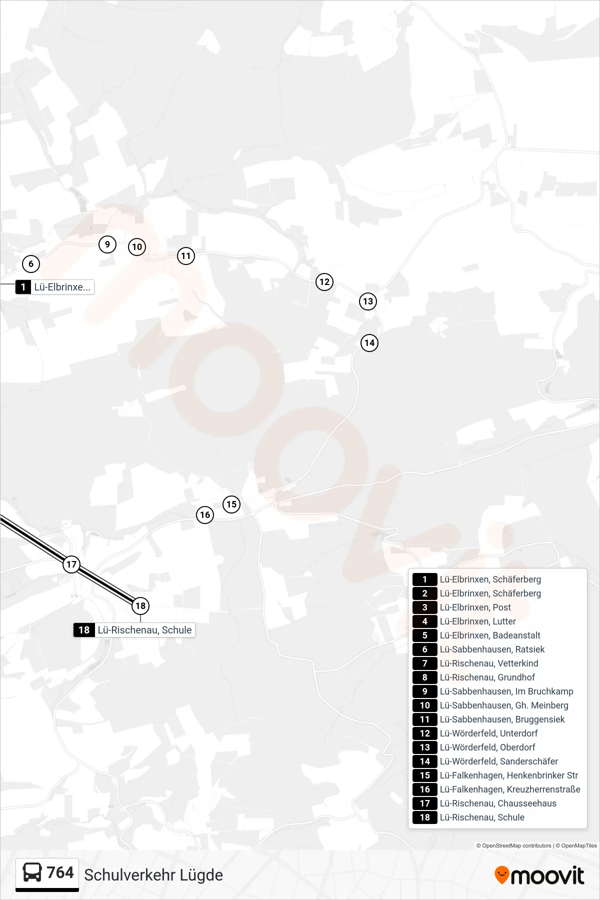 764 bus Line (Lü-Rischenau, Schule) route and stops on a map