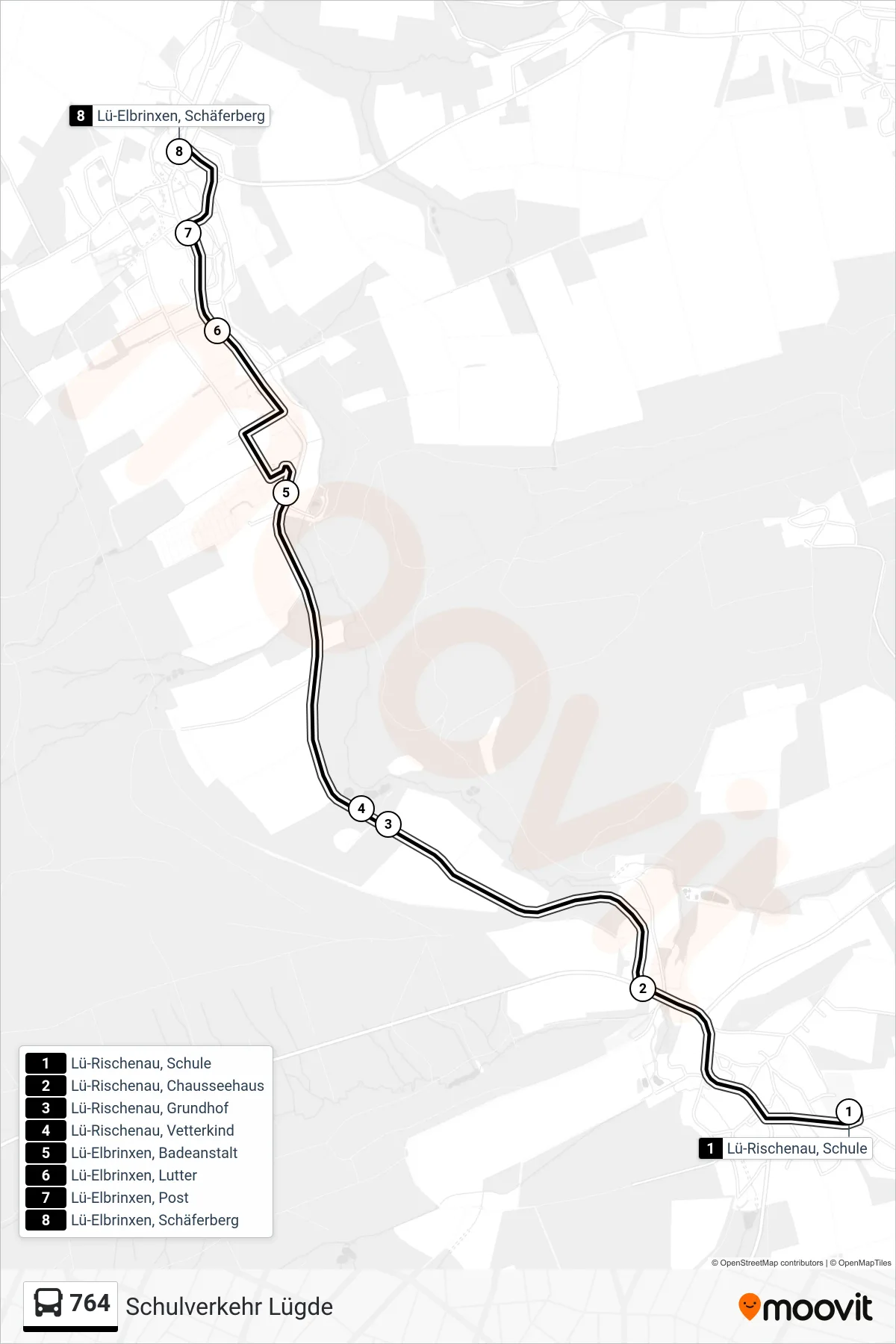 764 bus Line (Lü-Elbrinxen, Schäferberg) route and stops on a map