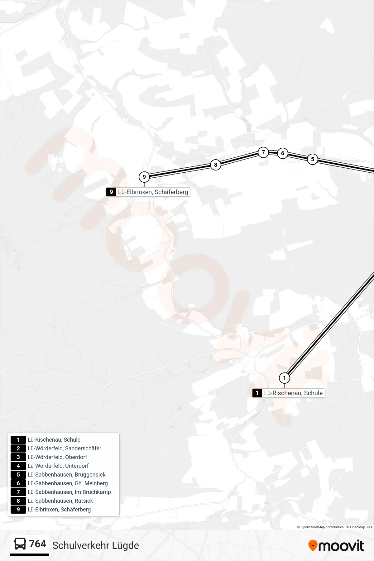 764 bus Line (Lü-Elbrinxen, Schäferberg) route and stops on a map