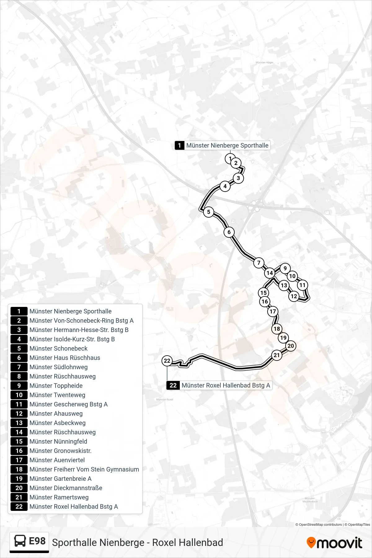 Linie E98 (Bus) Richtung Münster Roxel Hallenbad Bstg A: Route und Haltestellen auf der Karte