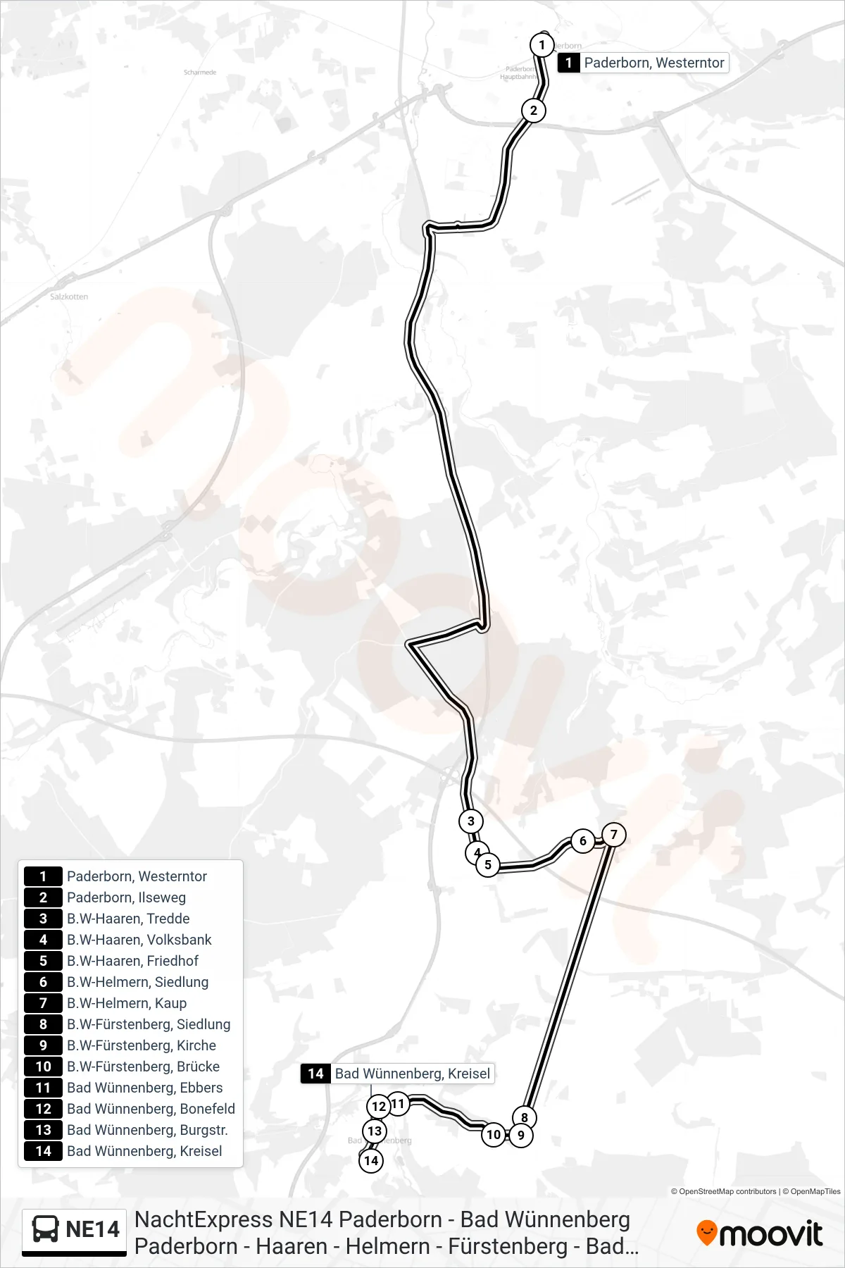 Linie NE14 (Bus) Richtung Bad Wünnenberg, Kreisel: Route und Haltestellen auf der Karte