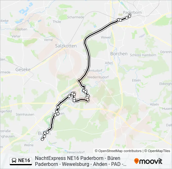 Автобус NE16: карта маршрута