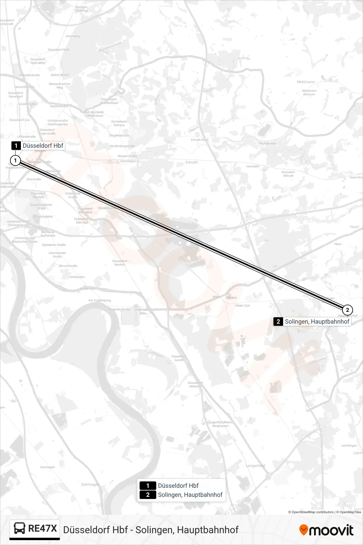 RE47X bus Line (Solingen, Hauptbahnhof) route and stops on a map