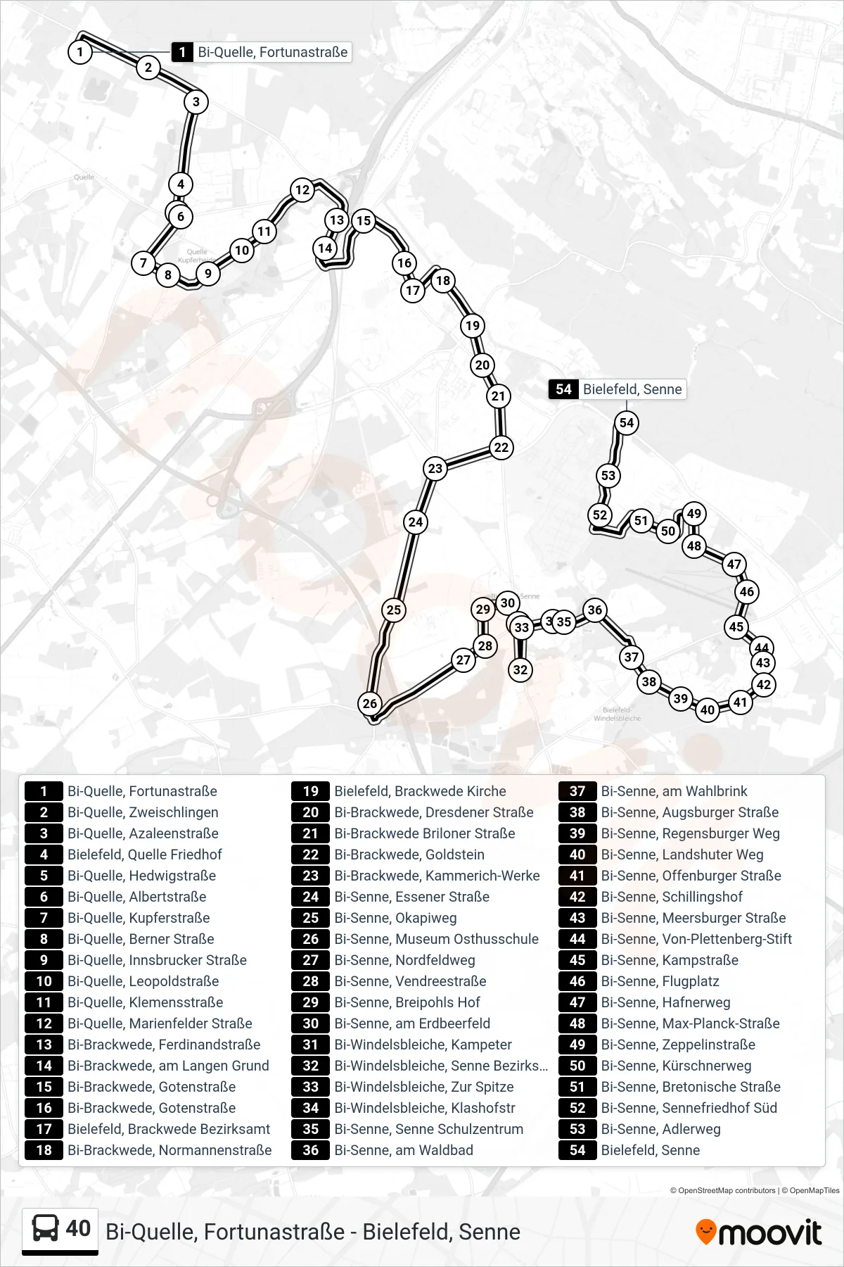 Linie 40 (Bus) Richtung Bielefeld, Senne: Route und Haltestellen auf der Karte