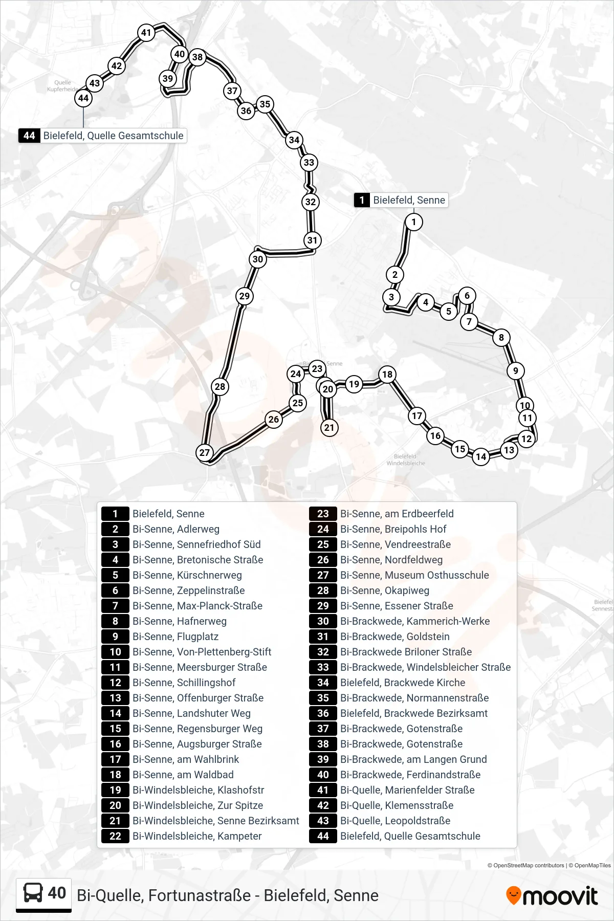 Linie 40 (Bus) Richtung Bielefeld, Quelle Gesamtschule: Route und Haltestellen auf der Karte