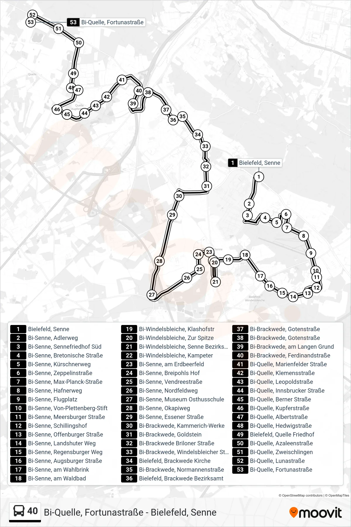 40 bus Line (Bi-Quelle, Fortunastraße) route and stops on a map