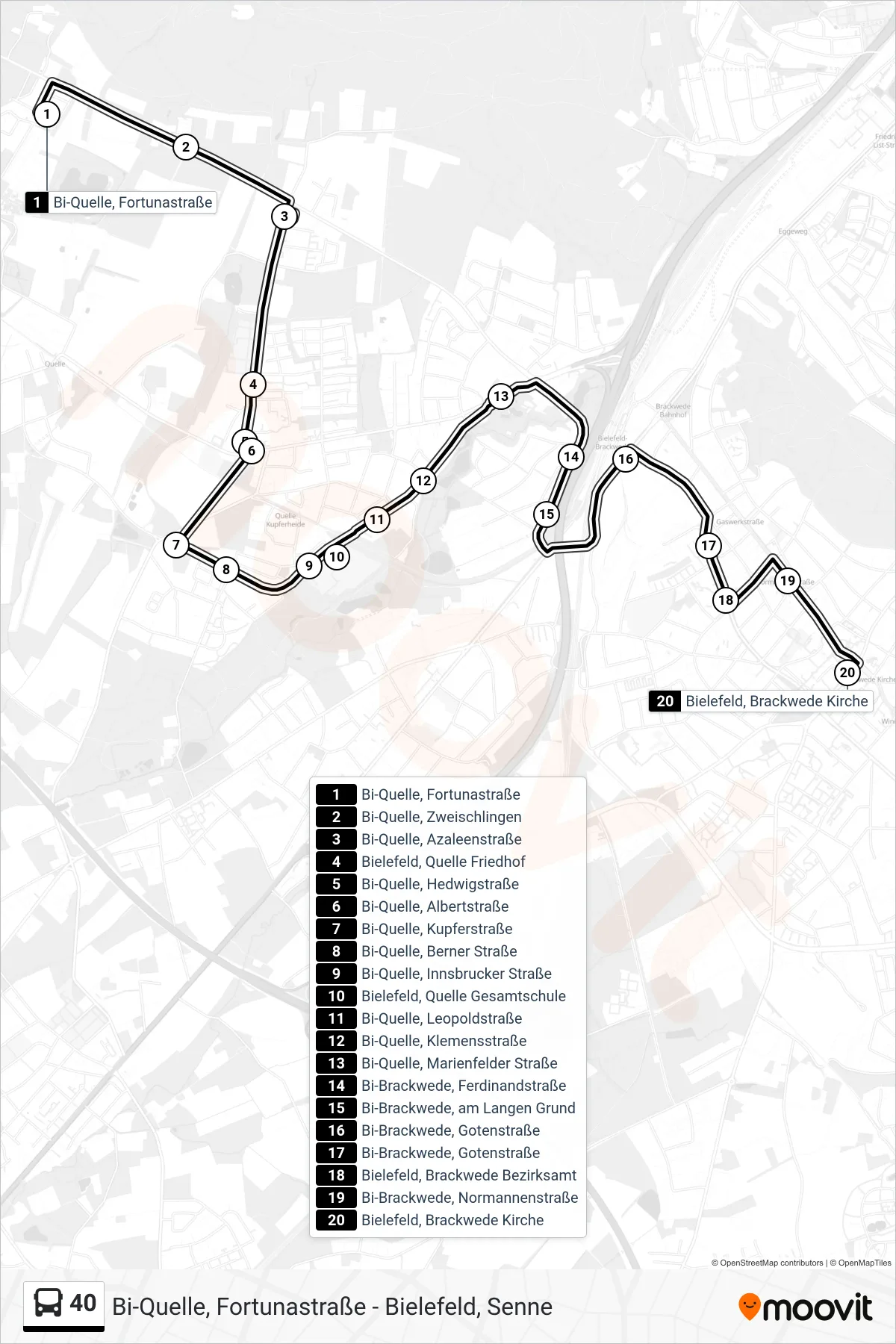Linie 40 (Bus) Richtung Bielefeld, Brackwede Kirche: Route und Haltestellen auf der Karte
