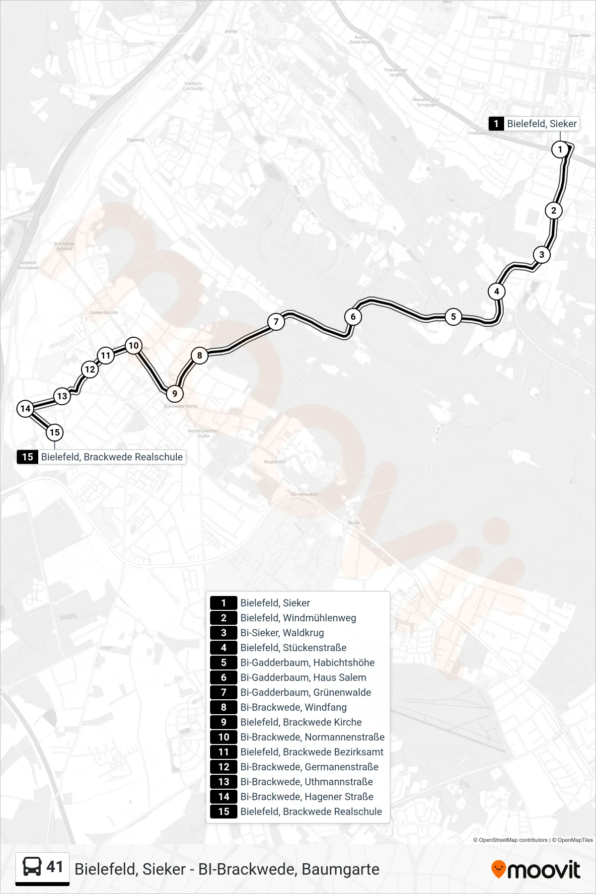 41 bus Line (Bielefeld, Brackwede Realschule) route and stops on a map