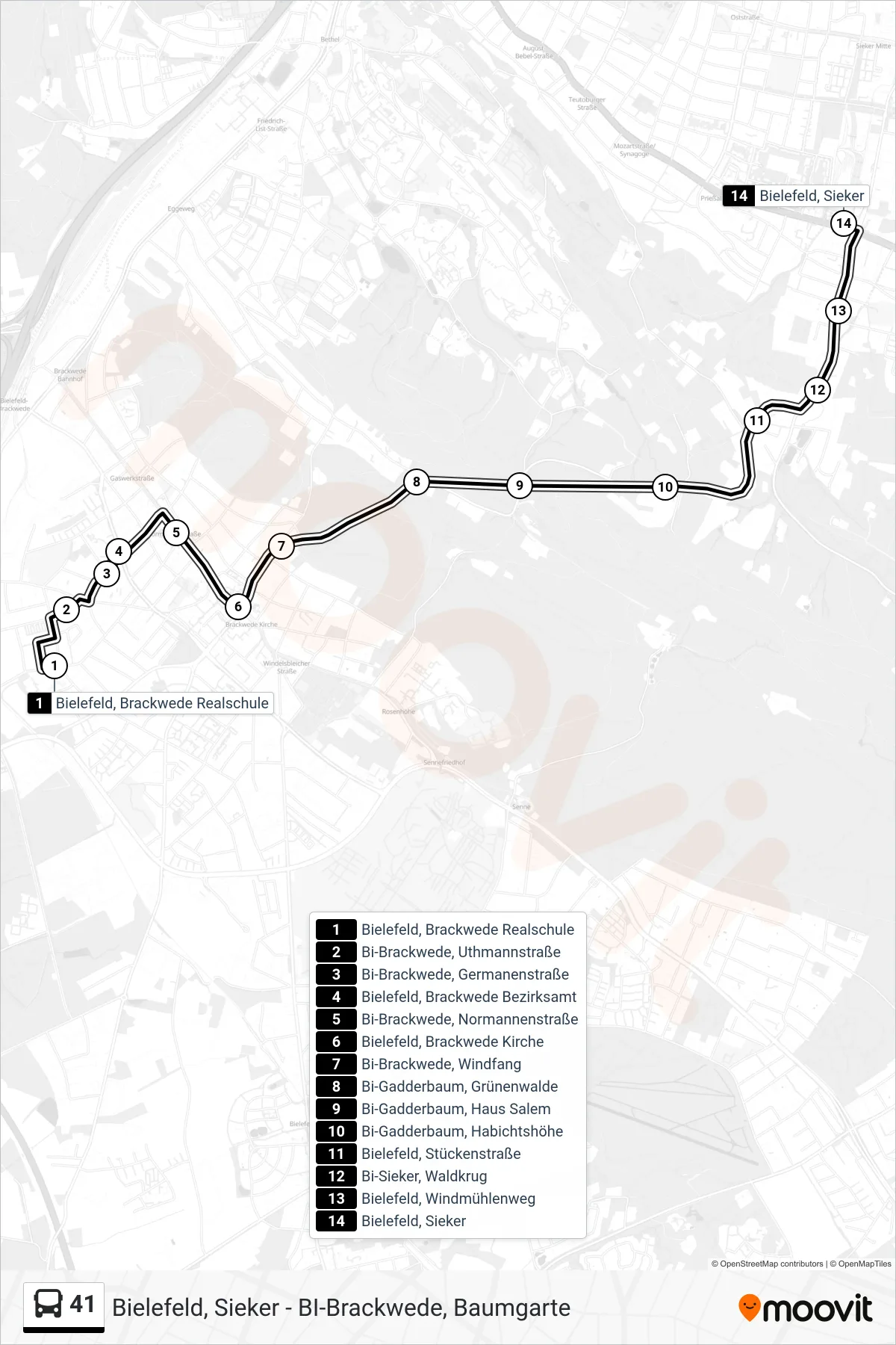 Linie 41 (Bus) Richtung Bielefeld, Sieker: Route und Haltestellen auf der Karte