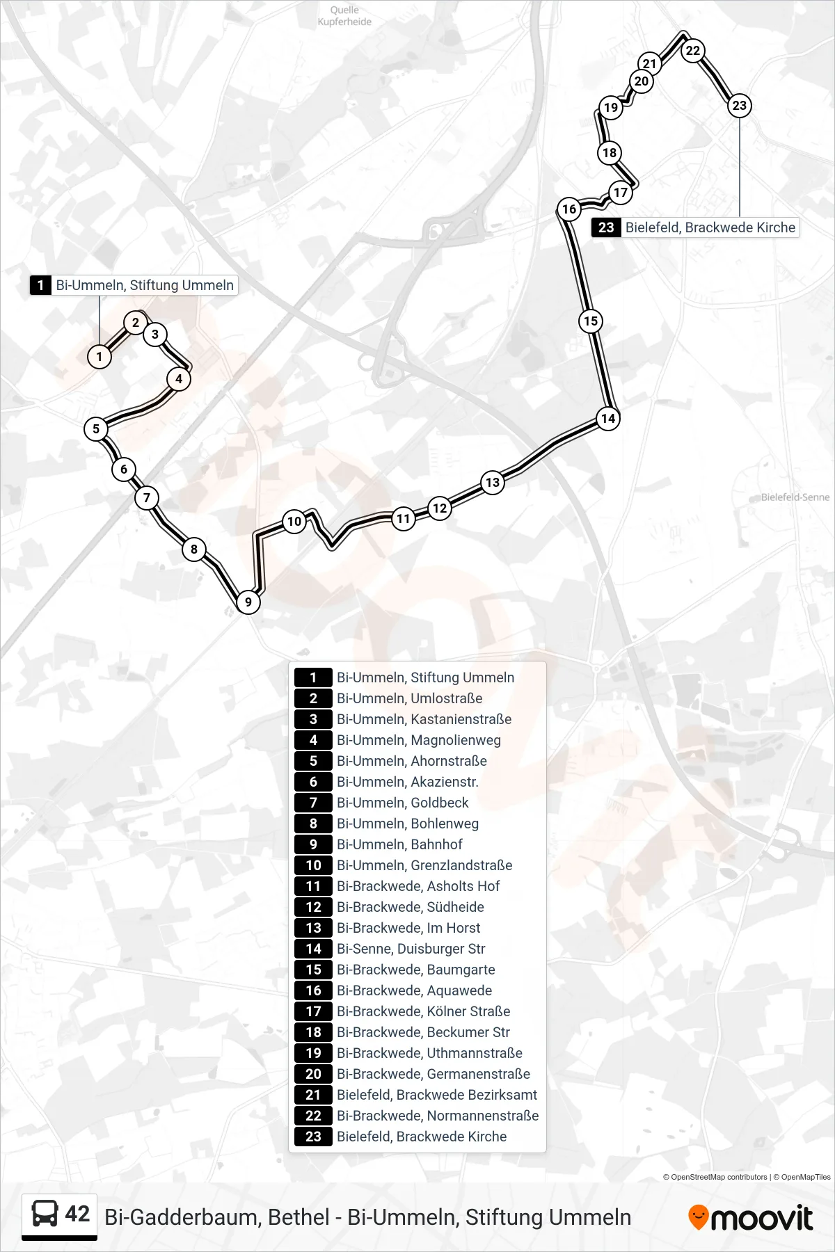 Linie 42 (Bus) Richtung Bielefeld, Brackwede Kirche: Route und Haltestellen auf der Karte