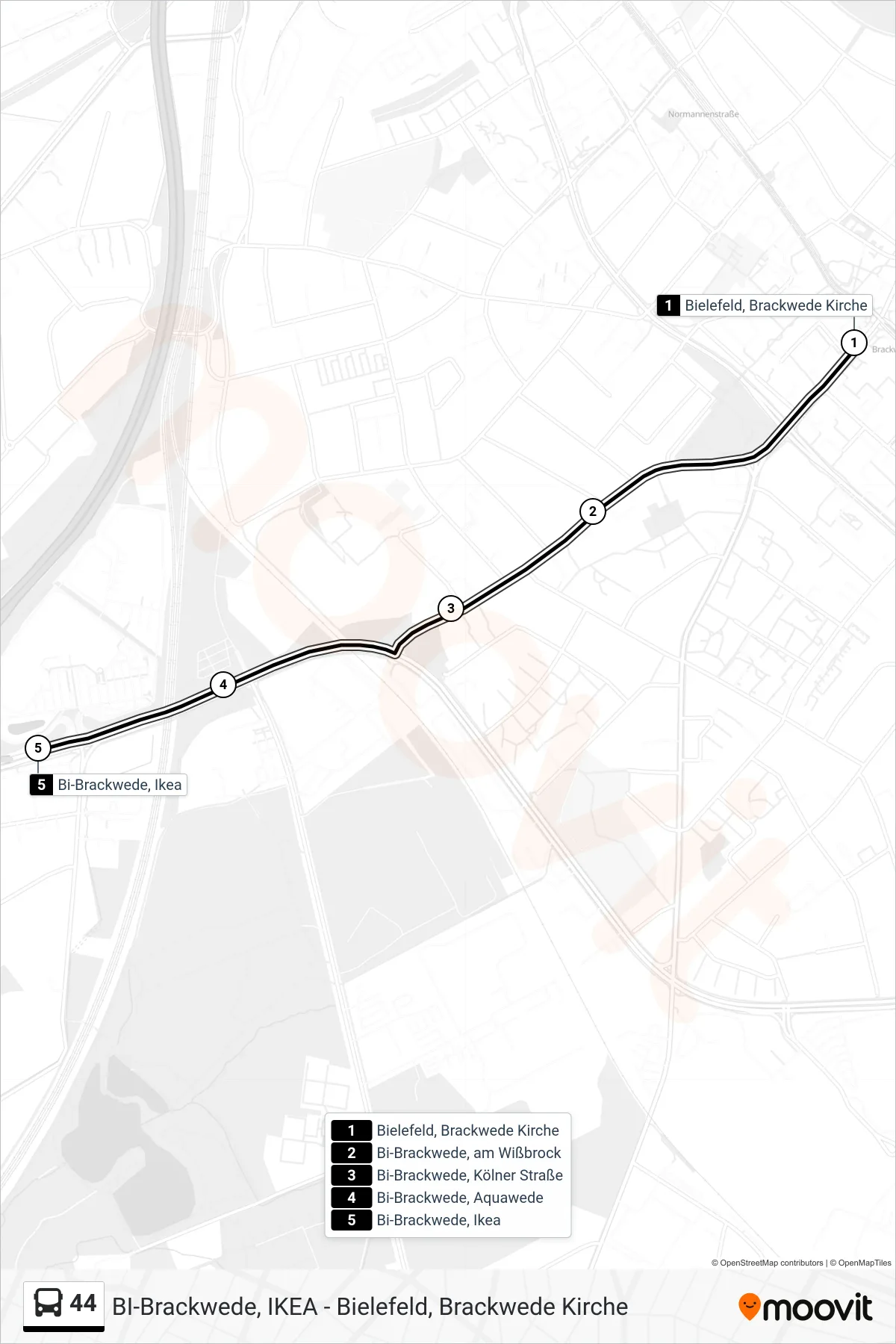 Linie 44 (Bus) Richtung Bi-Brackwede, Ikea: Route und Haltestellen auf der Karte