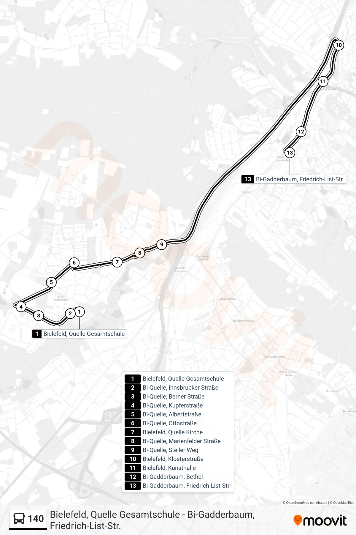 140 bus Line (Bi-Gadderbaum, Friedrich-List-Str.) route and stops on a map