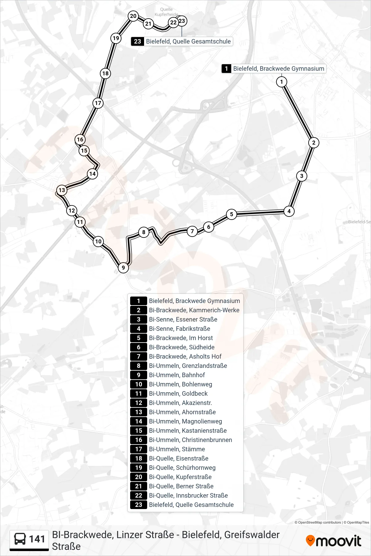 141 bus Line (Bielefeld, Quelle Gesamtschule) route and stops on a map