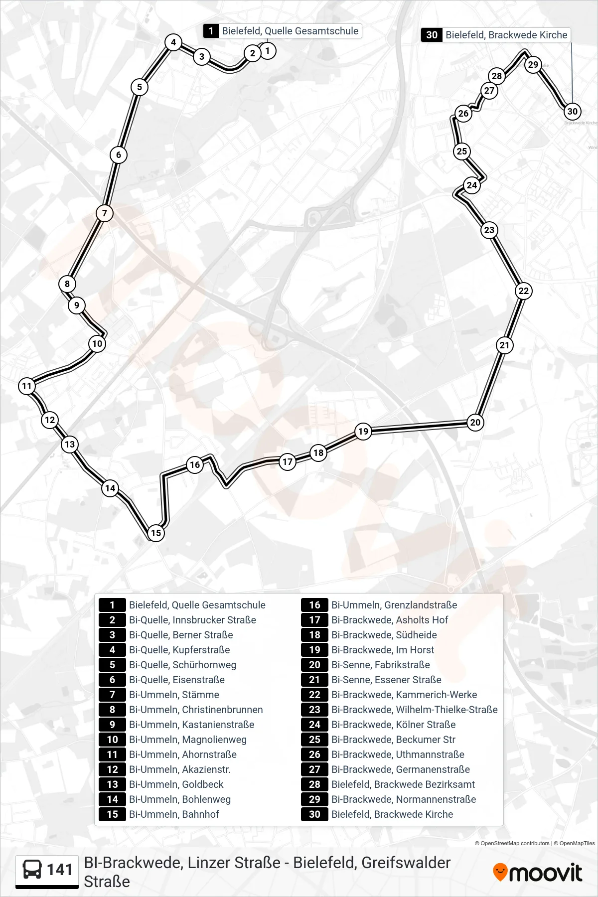 Linie 141 (Bus) Richtung Bielefeld, Brackwede Kirche: Route und Haltestellen auf der Karte