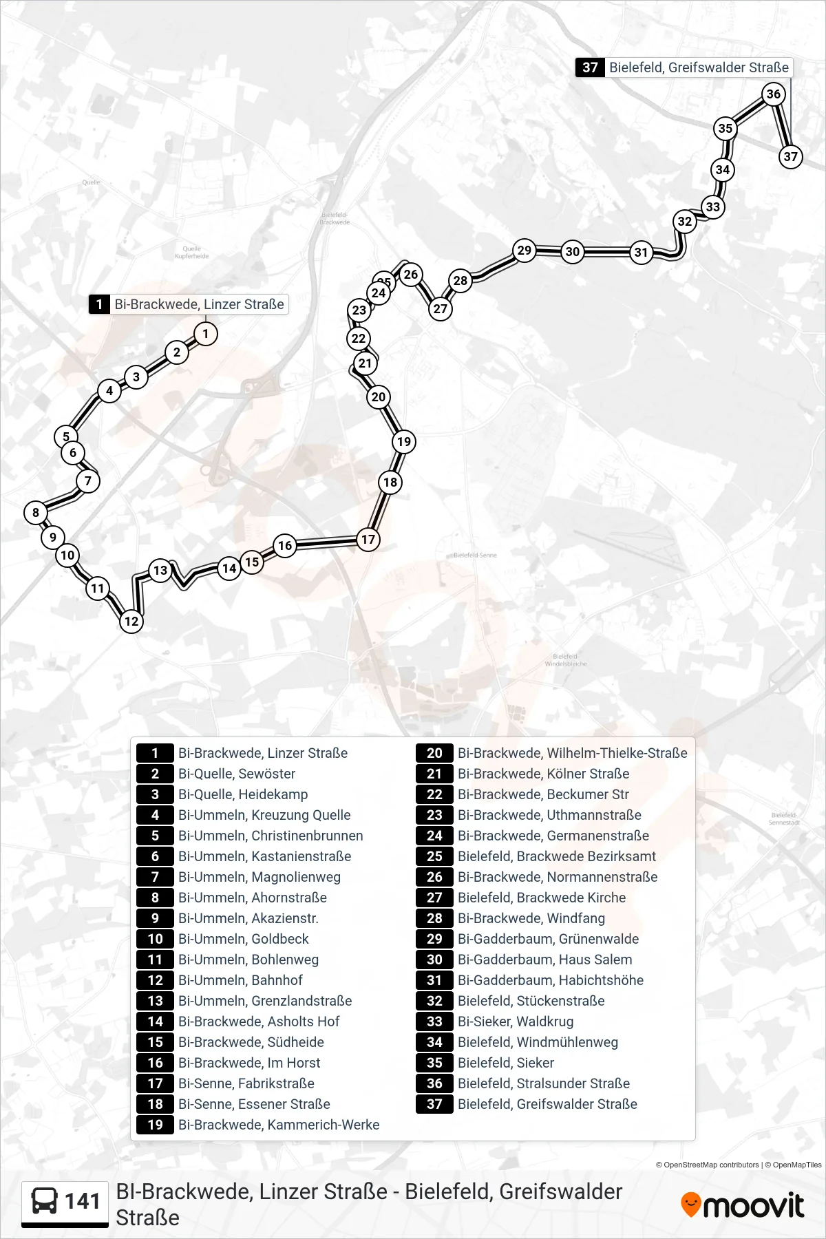 Linie 141 (Bus) Richtung Bielefeld, Greifswalder Straße: Route und Haltestellen auf der Karte