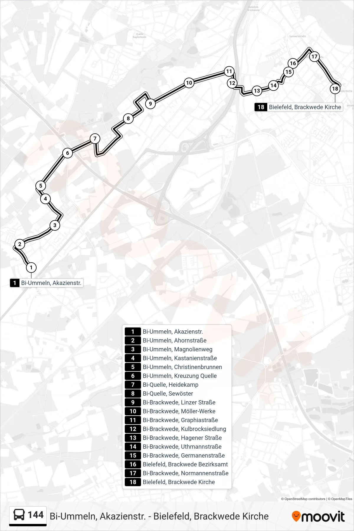 Linie 144 (Bus) Richtung Bielefeld, Brackwede Kirche: Route und Haltestellen auf der Karte