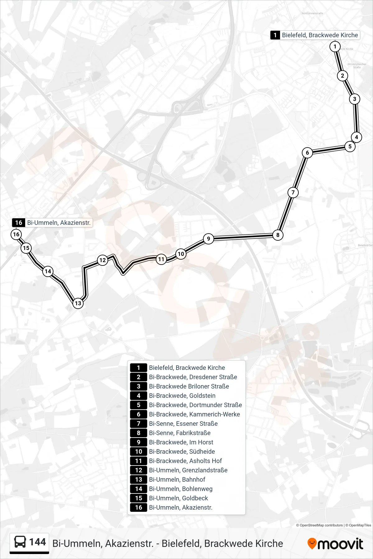 Linie 144 (Bus) Richtung Bi-Ummeln, Akazienstr.: Route und Haltestellen auf der Karte