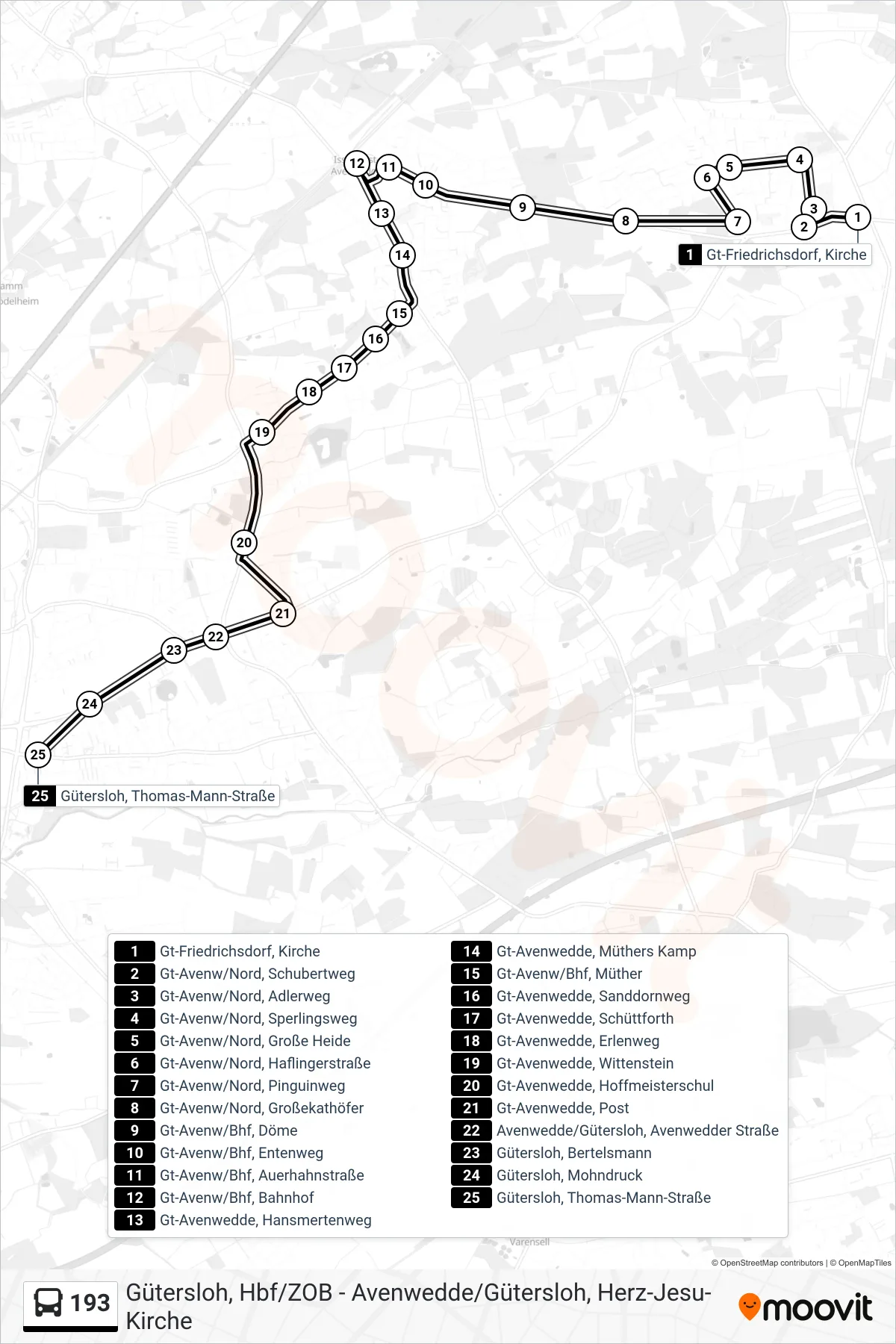 Linie 193 (Bus) Richtung Gütersloh, Thomas-Mann-Straße: Route und Haltestellen auf der Karte