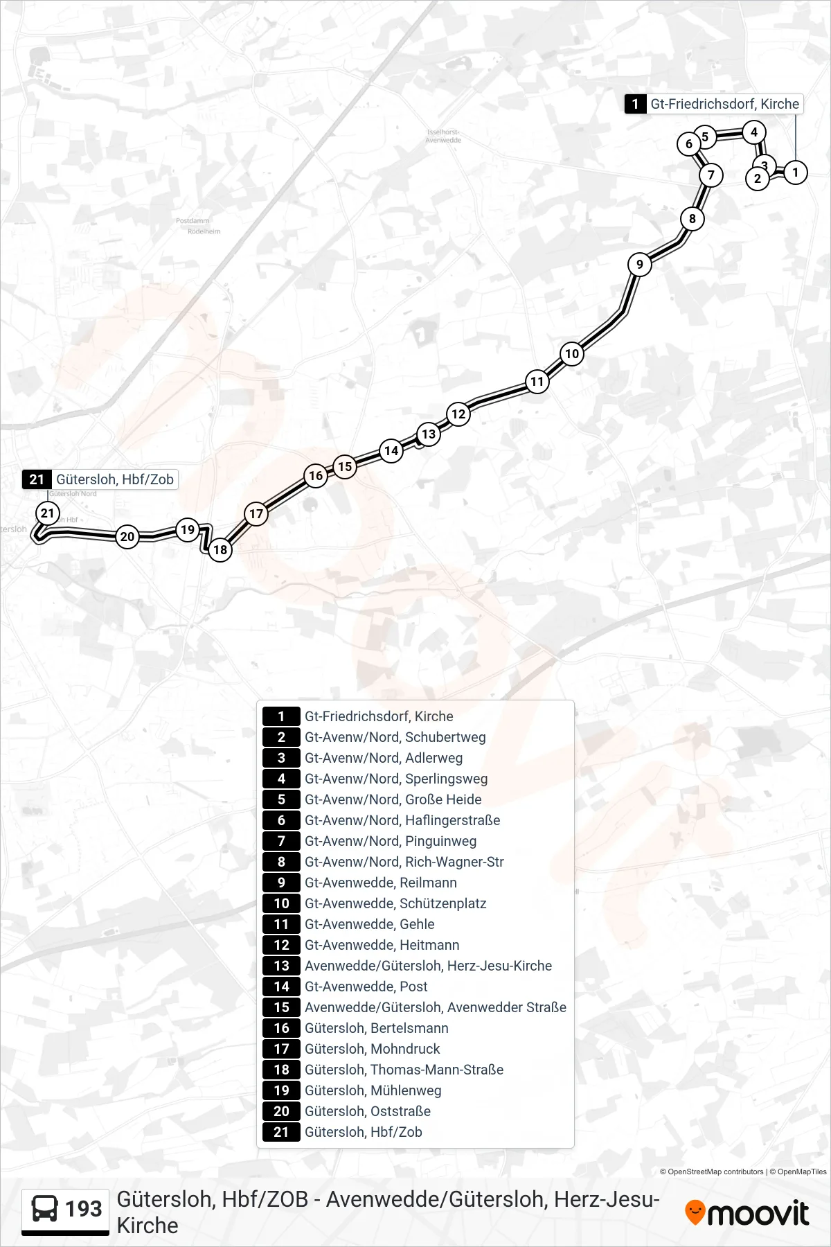 Linie 193 (Bus) Richtung Gütersloh, Hbf/Zob: Route und Haltestellen auf der Karte
