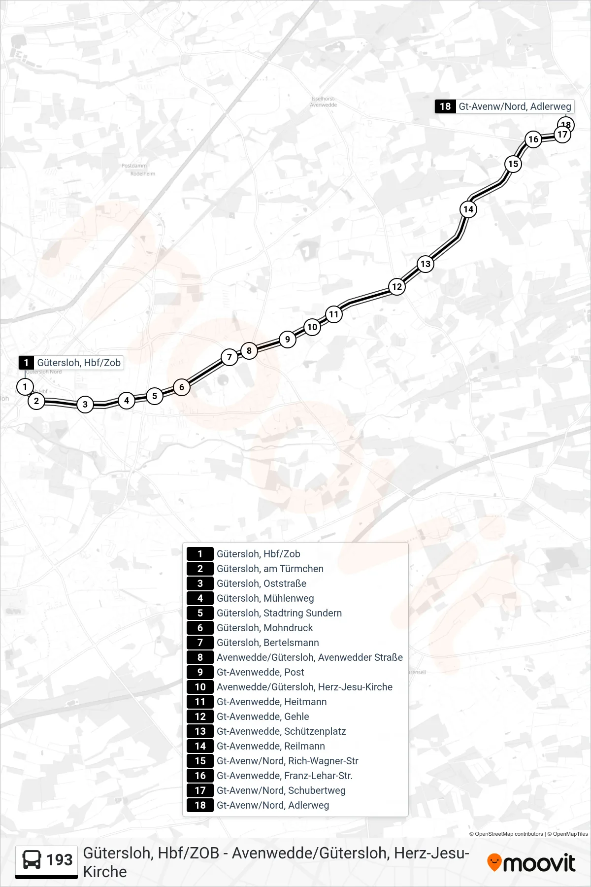 193 bus Line (Gt-Avenw/Nord, Adlerweg) route and stops on a map