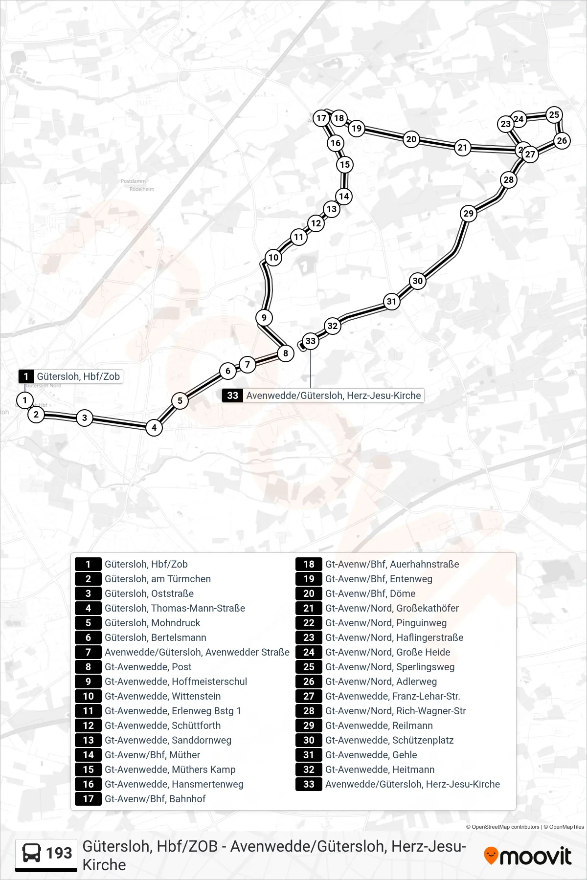 193 bus Line (Avenwedde/Gütersloh, Herz-Jesu-Kirche) route and stops on a map