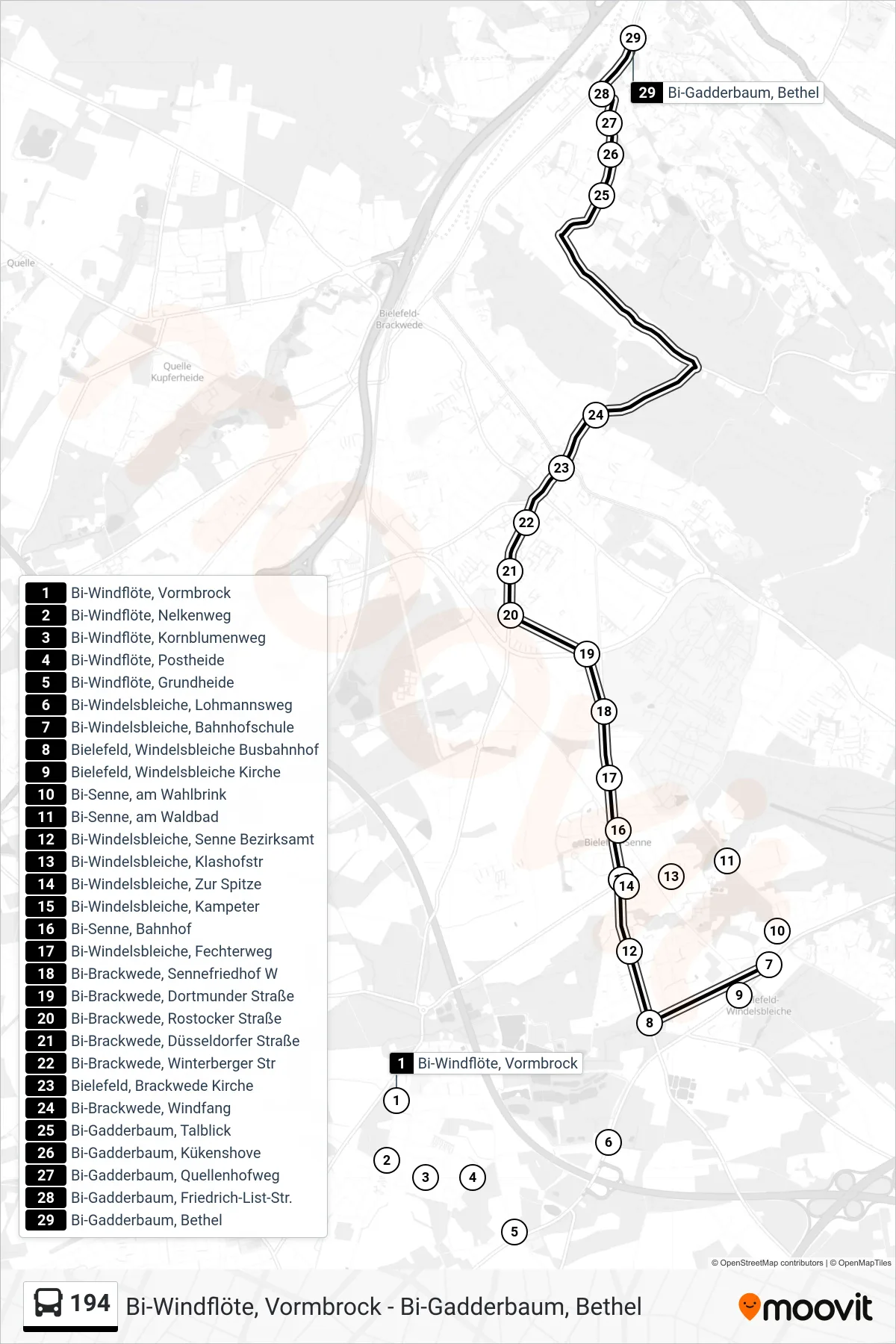 Linie 194 (Bus) Richtung Bi-Gadderbaum, Bethel: Route und Haltestellen auf der Karte