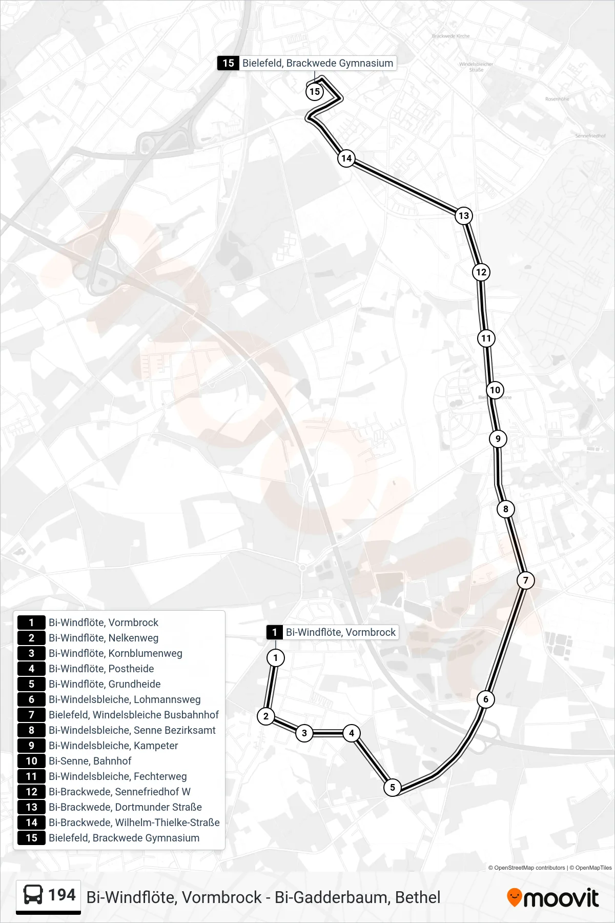 Linie 194 (Bus) Richtung Bielefeld, Brackwede Gymnasium: Route und Haltestellen auf der Karte