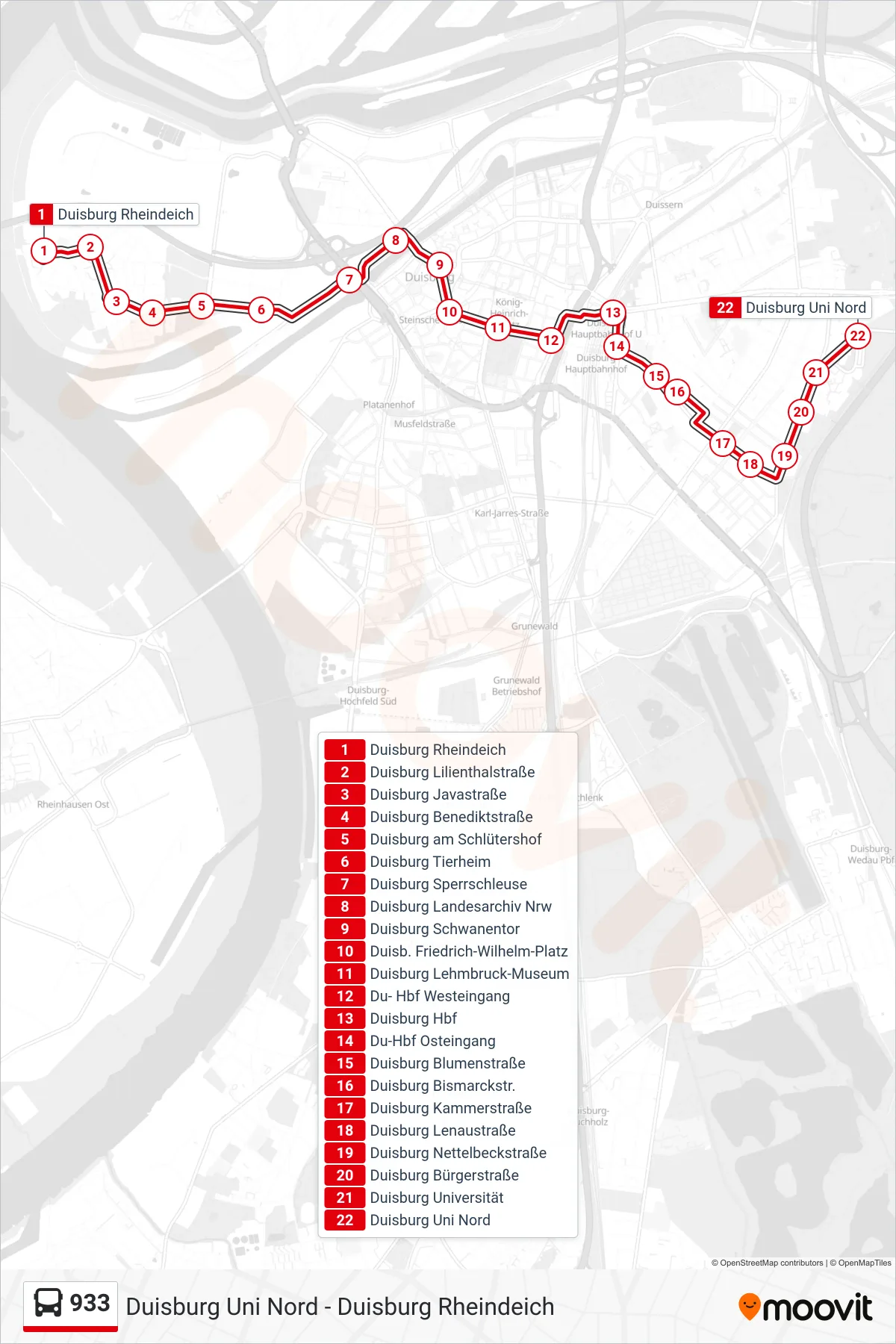 Linie 933 (Bus) Richtung Duisburg Uni Nord: Route und Haltestellen auf der Karte