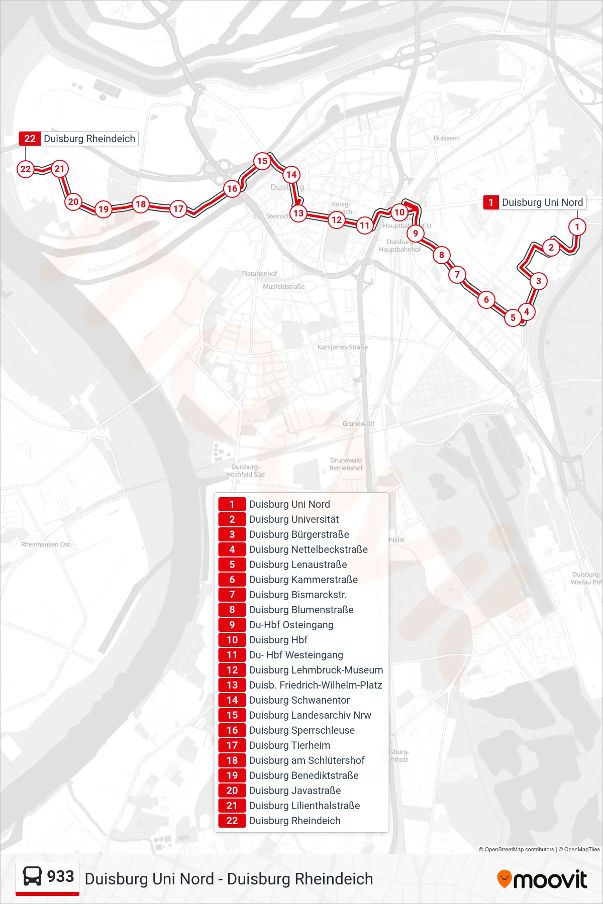 933 bus Line (Duisburg Rheindeich) route and stops on a map