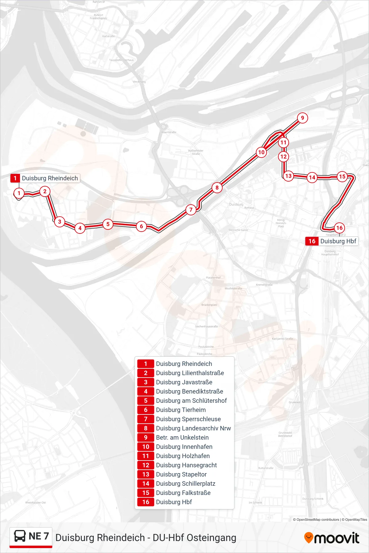 Linie NE 7 (Bus) Richtung Duisburg Hbf: Route und Haltestellen auf der Karte