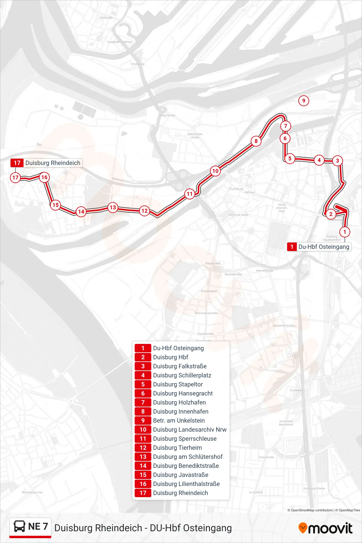 Linie NE 7 (Bus) Richtung Duisburg Rheindeich: Route und Haltestellen auf der Karte