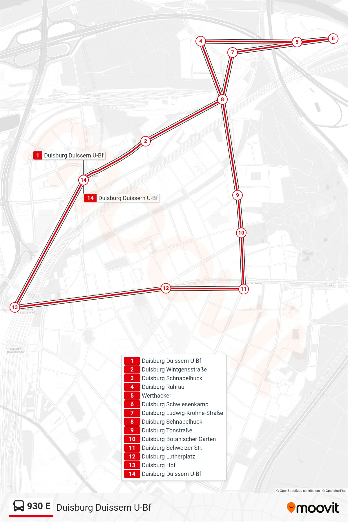 Linie 930 E (Bus) Richtung Duisburg Duissern U-Bf: Route und Haltestellen auf der Karte