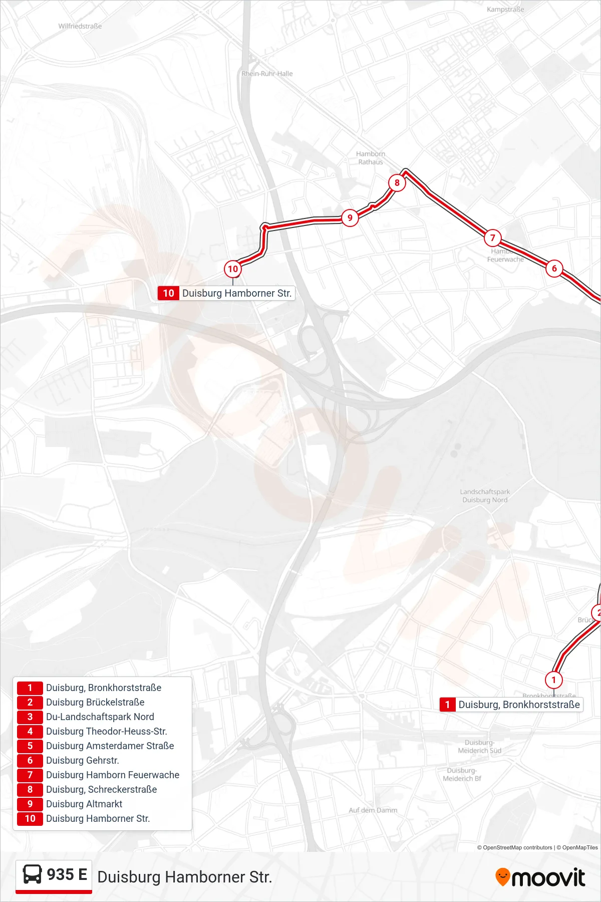 Linie 935 E (Bus) Richtung Duisburg Hamborner Str.: Route und Haltestellen auf der Karte