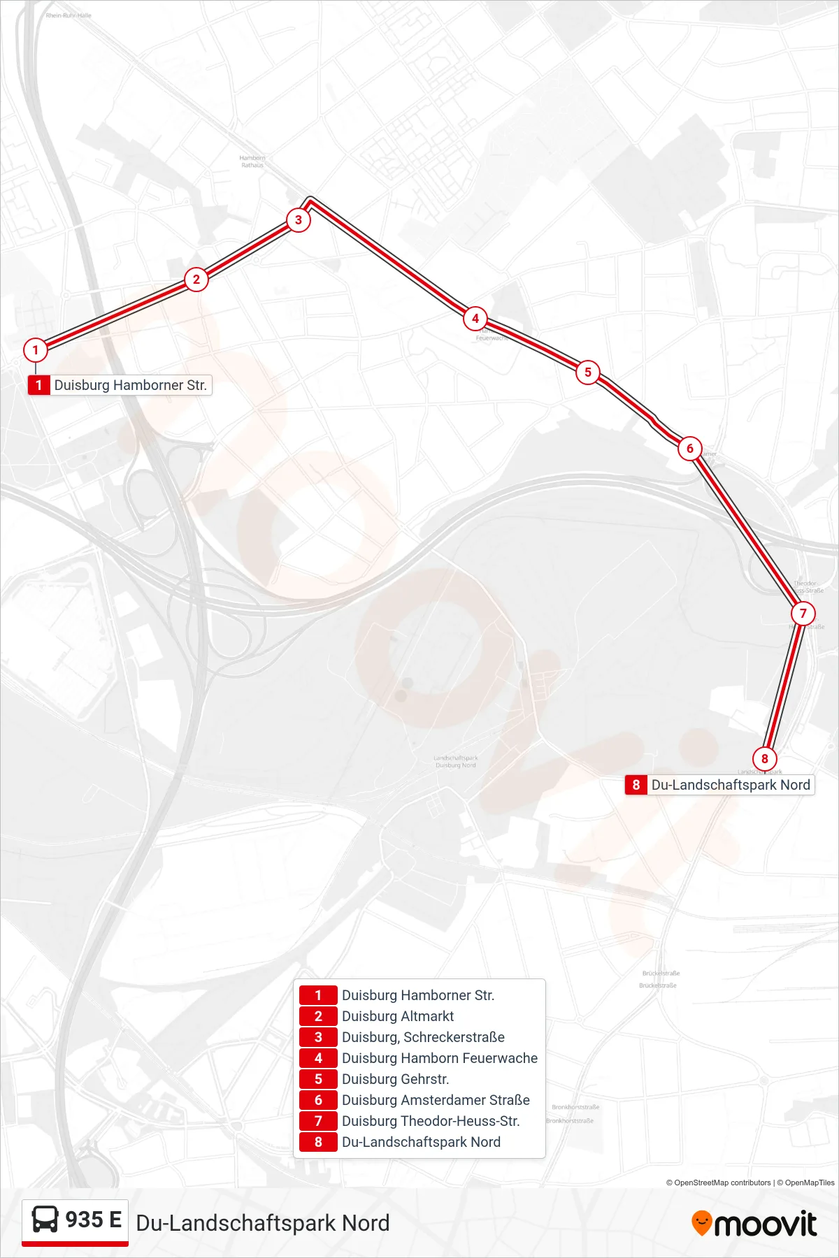 Linie 935 E (Bus) Richtung Du-Landschaftspark Nord: Route und Haltestellen auf der Karte