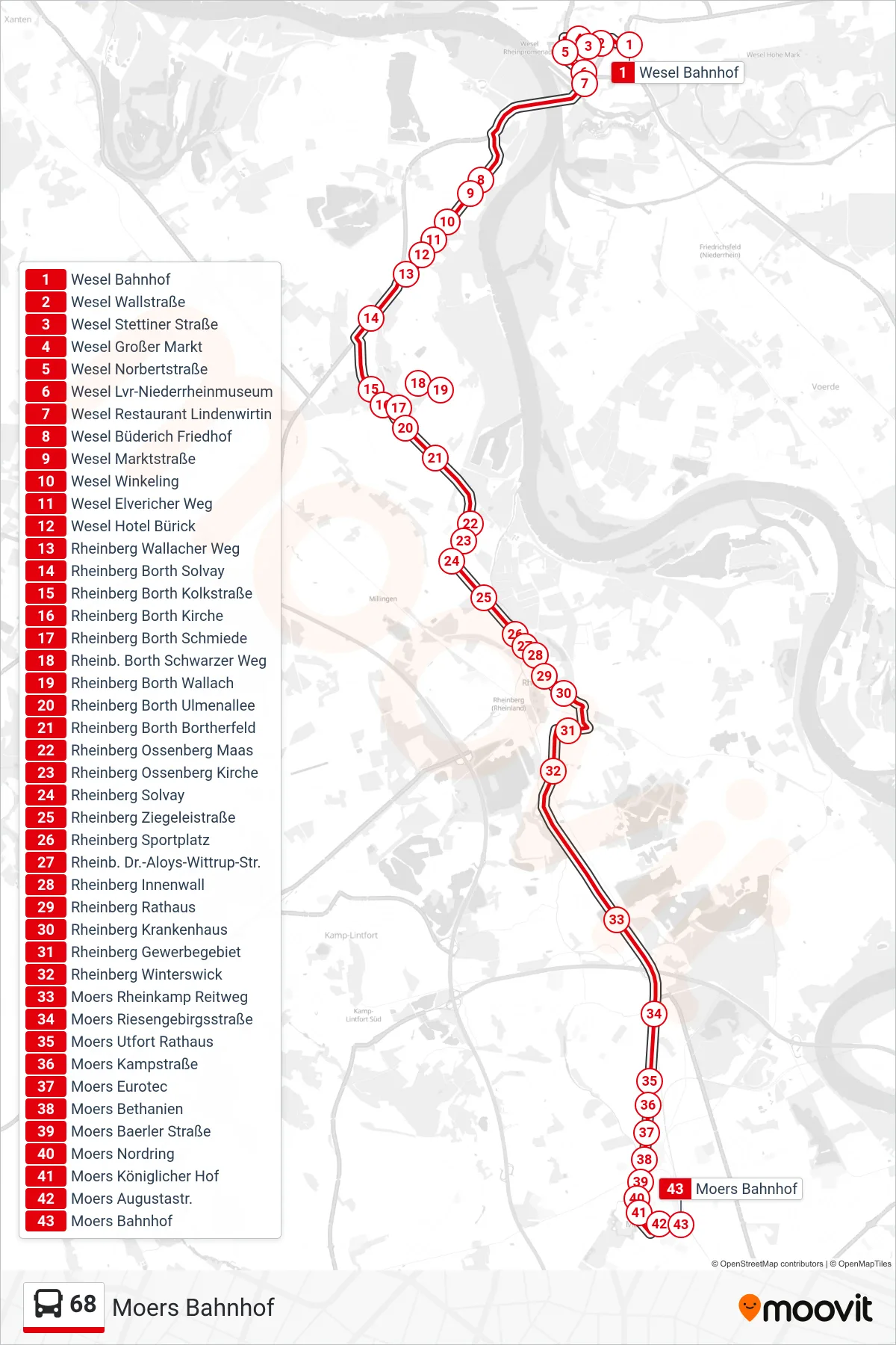 Linie 68 (Bus) Richtung Moers Bahnhof: Route und Haltestellen auf der Karte