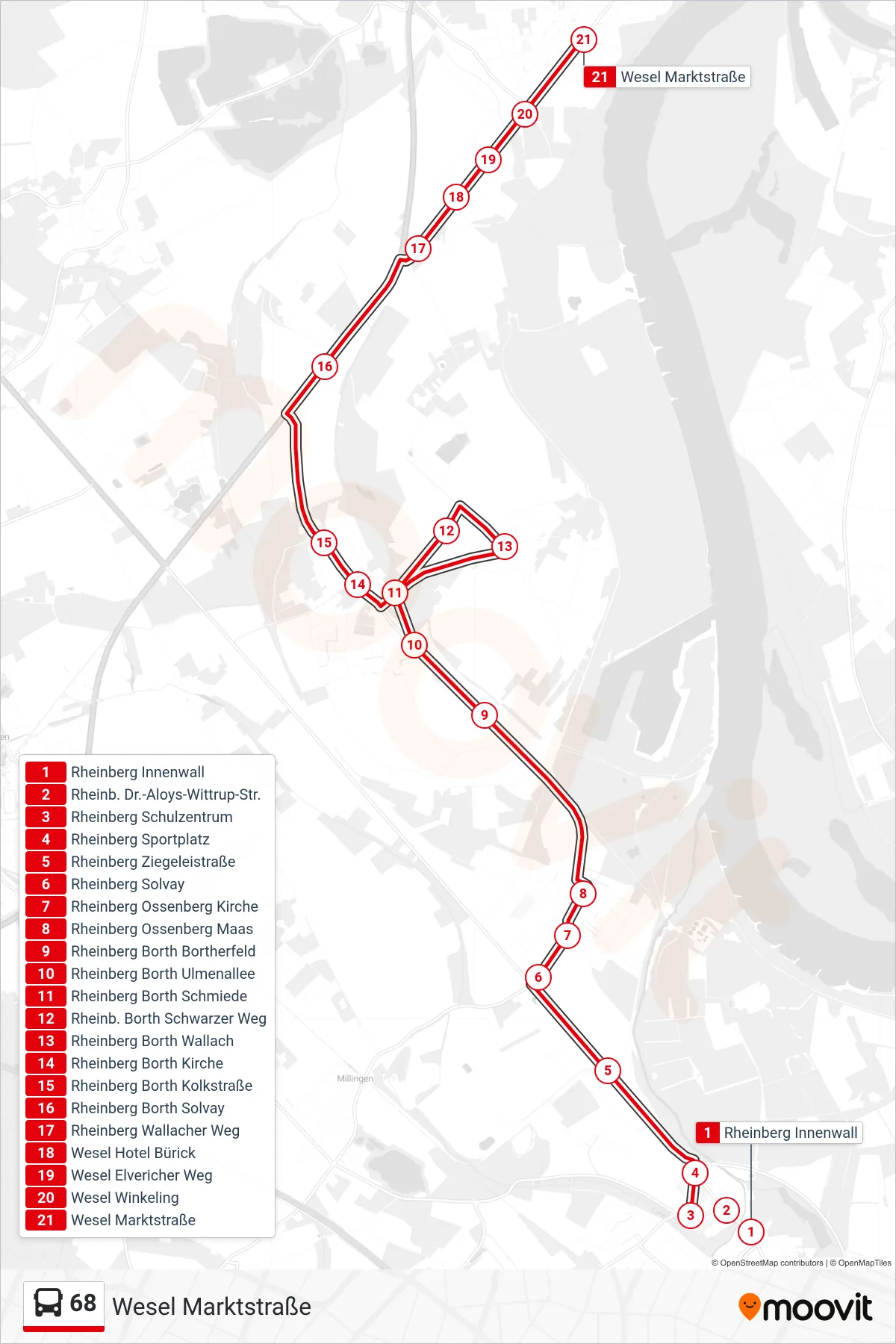 68 bus Line (Wesel Marktstraße) route and stops on a map