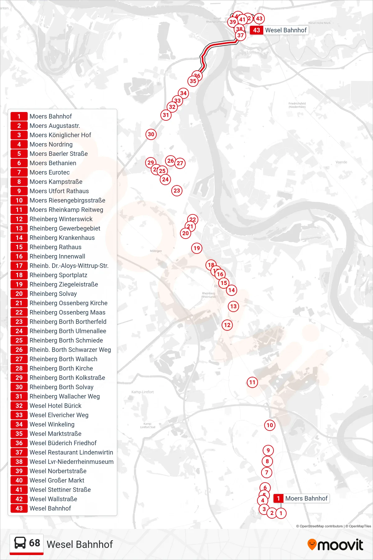 Linie 68 (Bus) Richtung Wesel Bahnhof: Route und Haltestellen auf der Karte