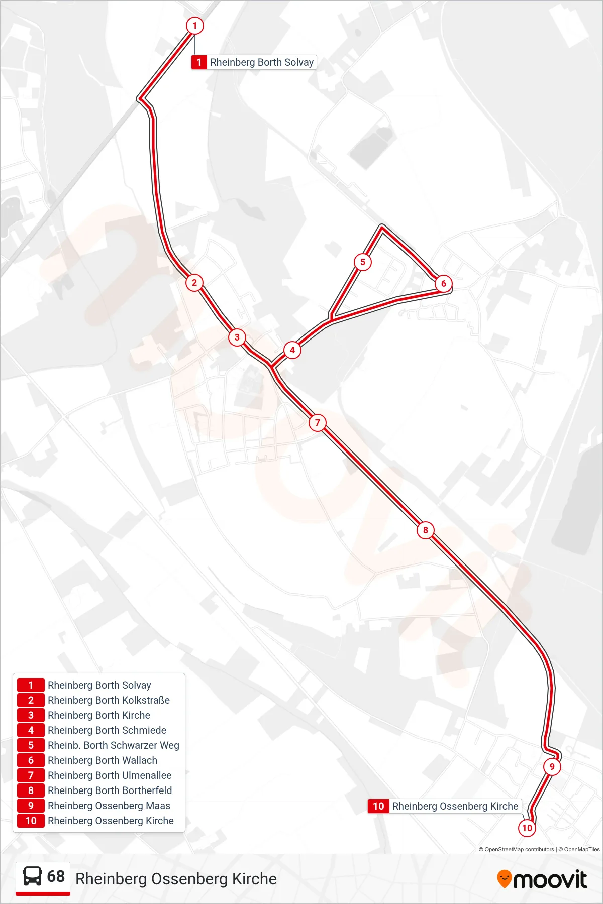 68 bus Line (Rheinberg Ossenberg Kirche) route and stops on a map