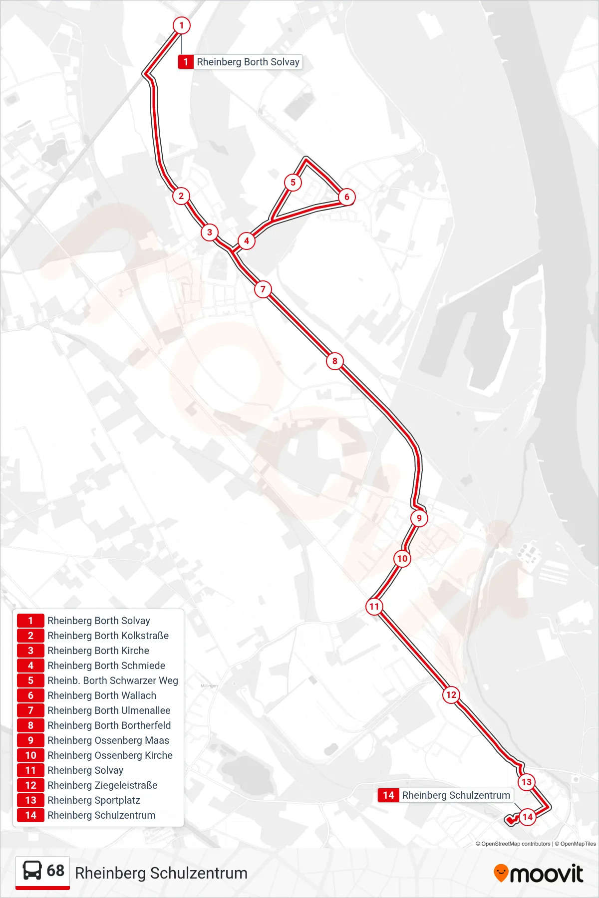 68 bus Line (Rheinberg Schulzentrum) route and stops on a map