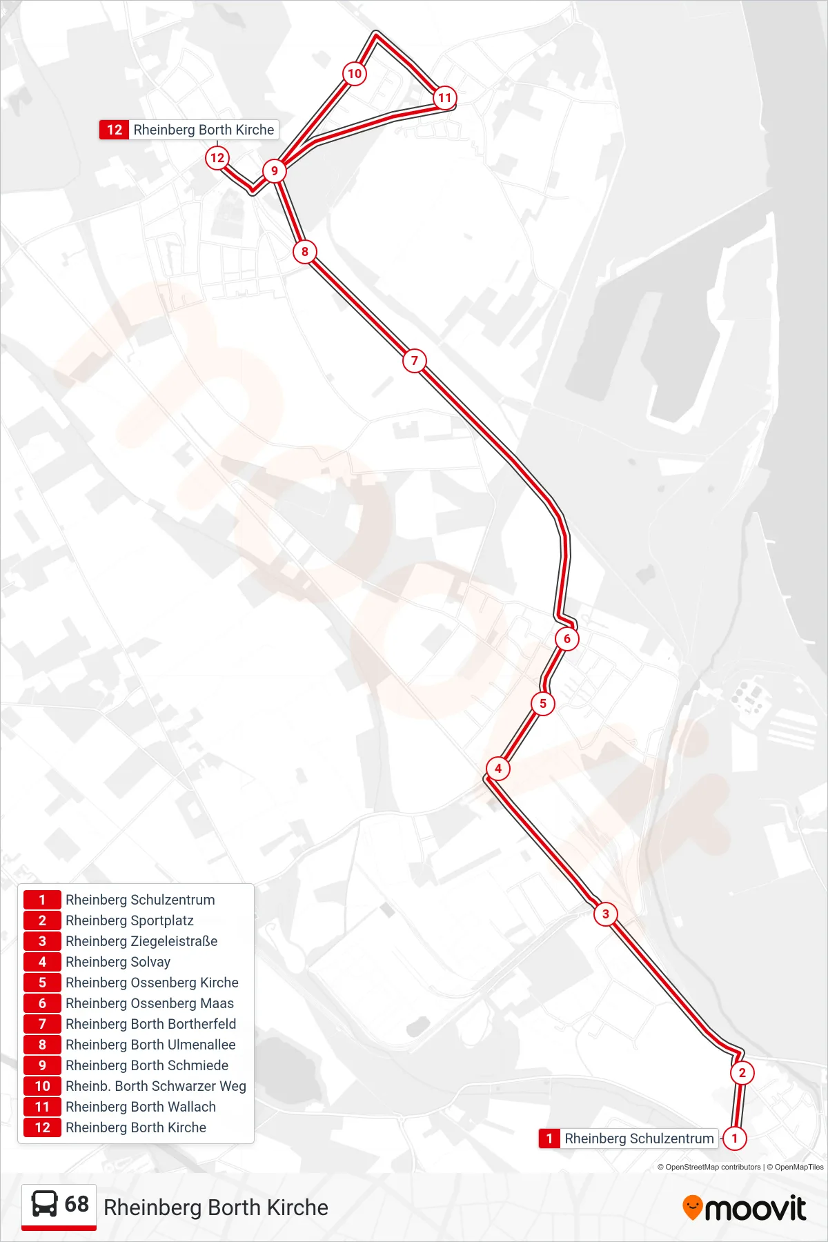 68 bus Line (Rheinberg Borth Kirche) route and stops on a map