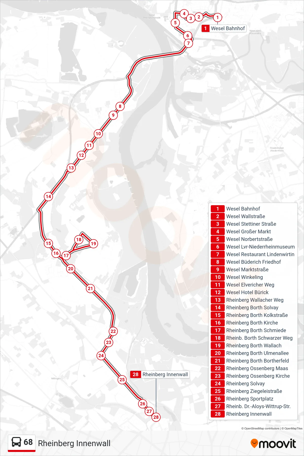 Linie 68 (Bus) Richtung Rheinberg Innenwall: Route und Haltestellen auf der Karte
