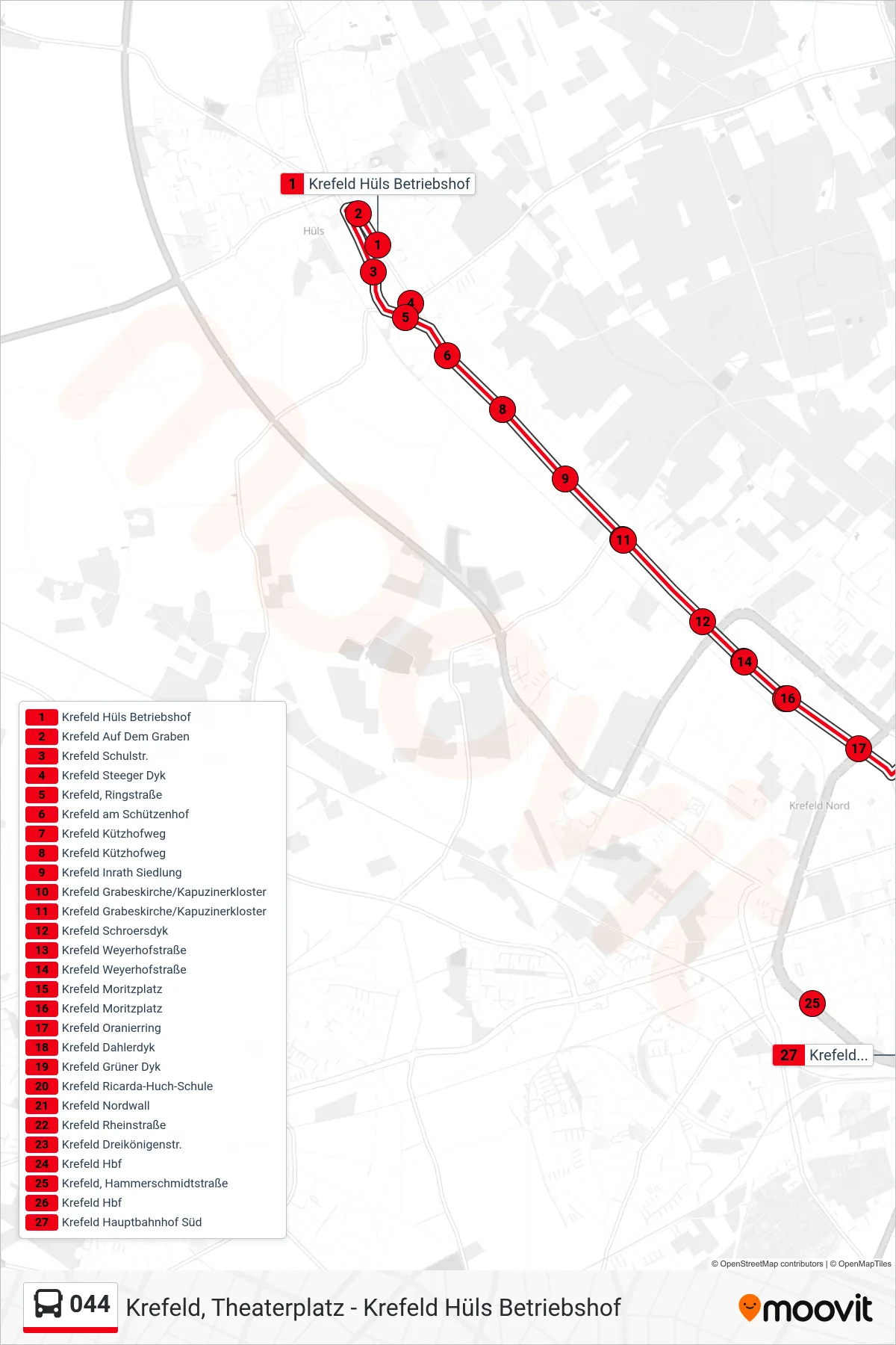 Linie 044 (Bus) Richtung Krefeld Hauptbahnhof Süd: Route und Haltestellen auf der Karte
