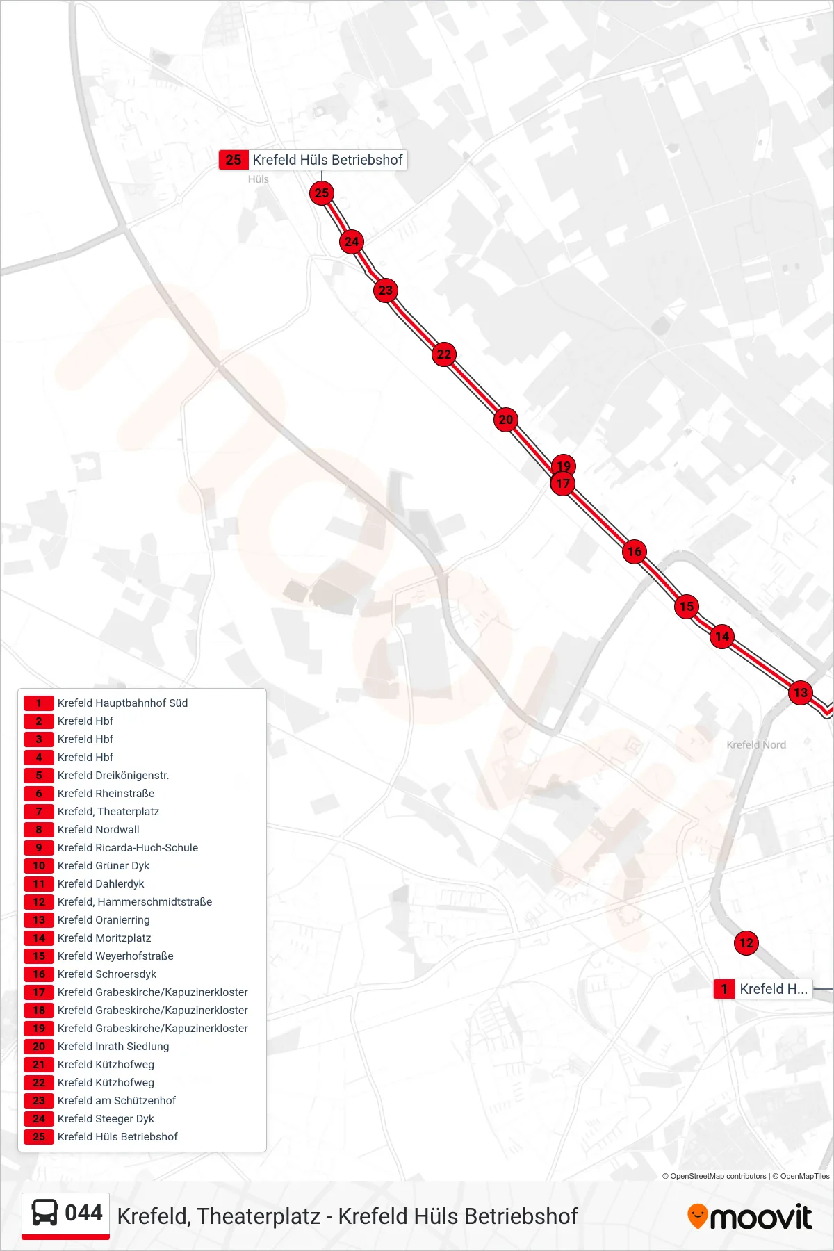 Linie 044 (Bus) Richtung Krefeld Hüls Betriebshof: Route und Haltestellen auf der Karte