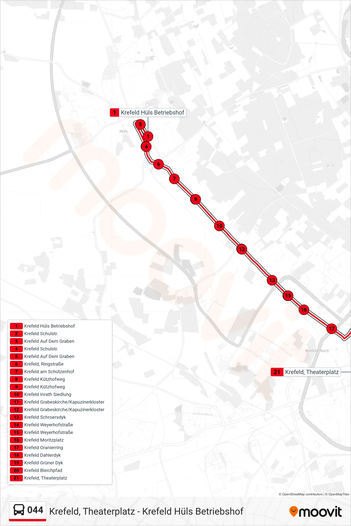 044 bus Line (Krefeld, Theaterplatz) route and stops on a map