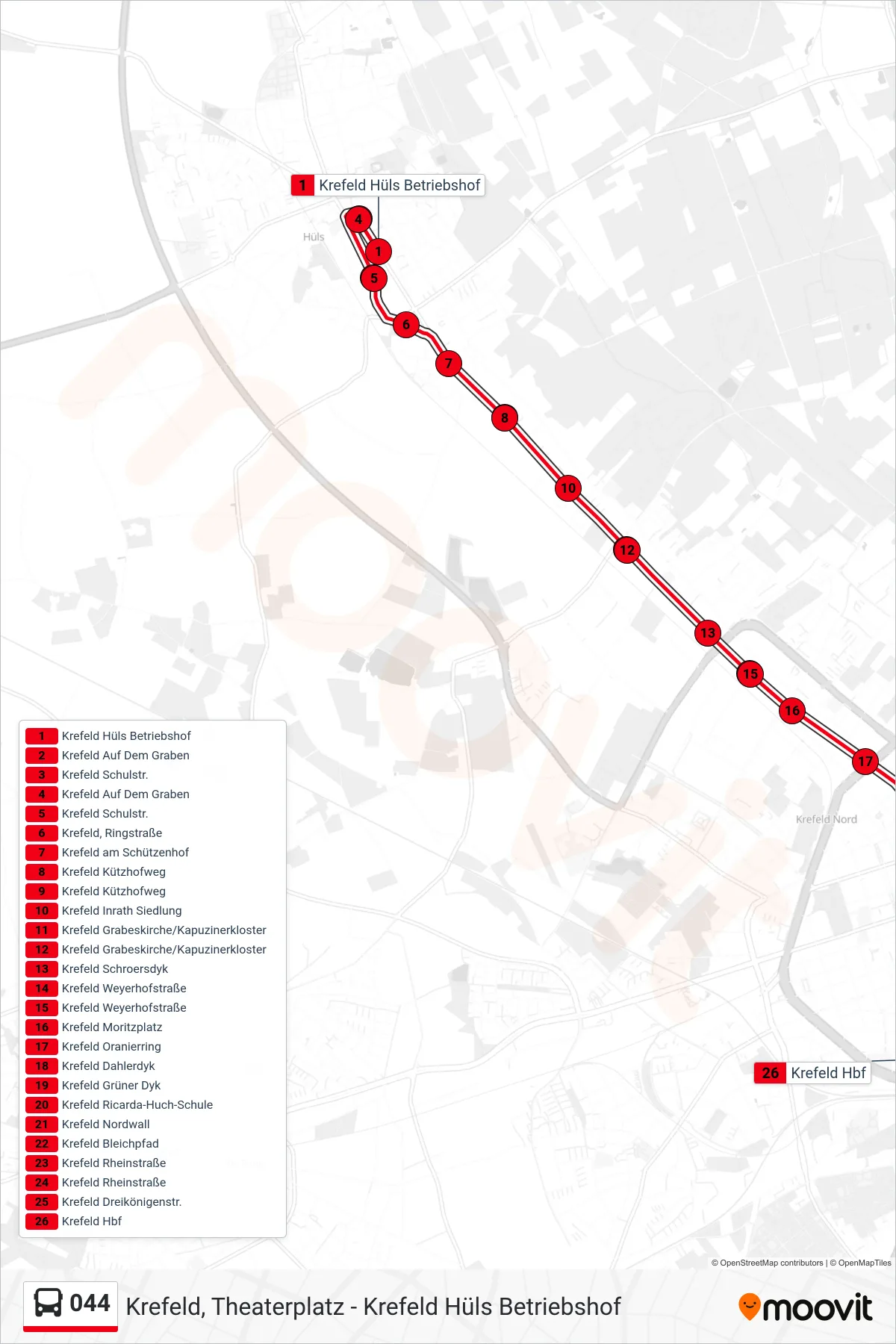 Linie 044 (Bus) Richtung Krefeld Hbf: Route und Haltestellen auf der Karte