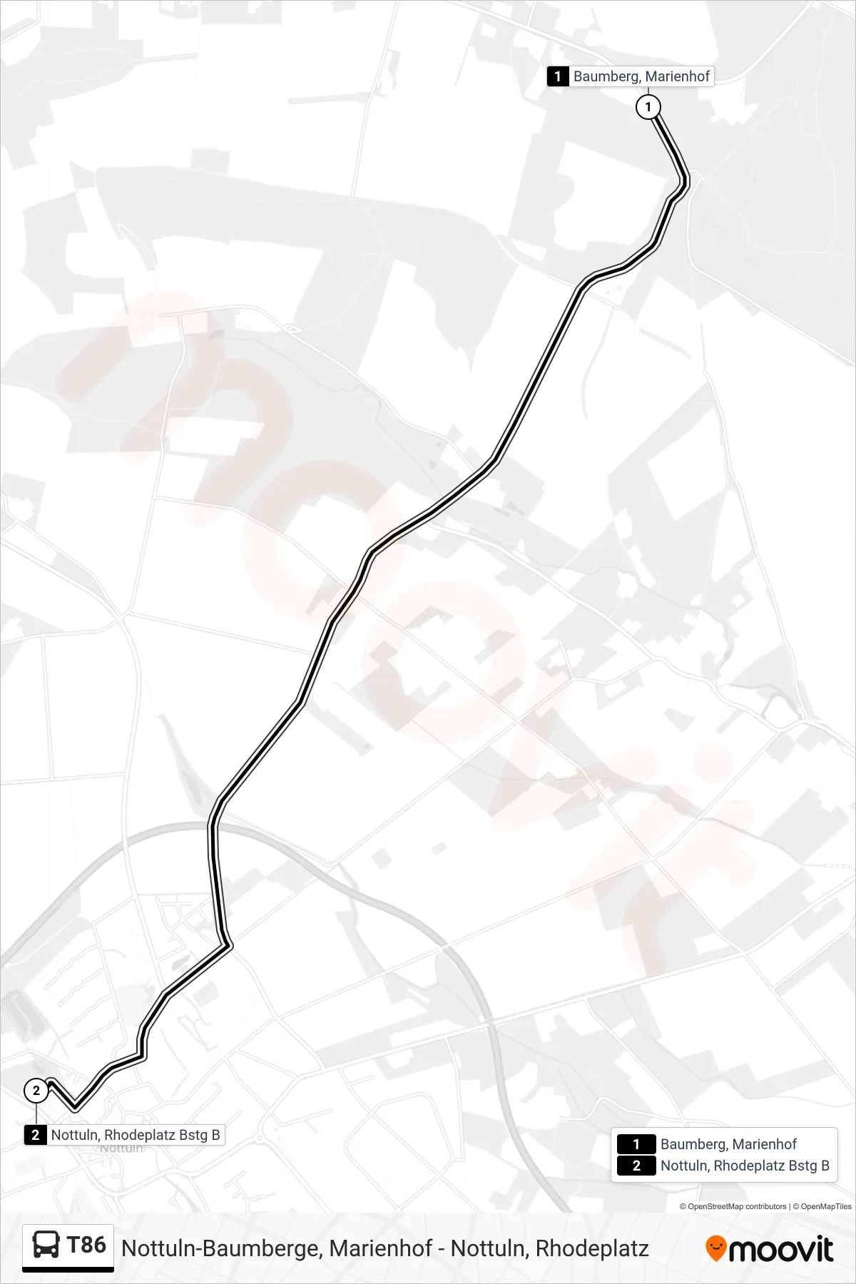 Linie T86 (Bus) Richtung Nottuln, Rhodeplatz Bstg B: Route und Haltestellen auf der Karte