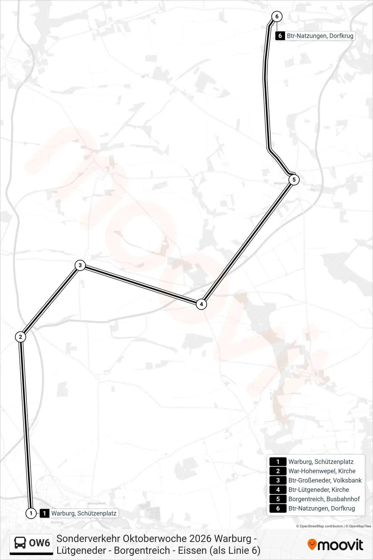 Linie OW6 (Bus) Richtung Btr-Natzungen, Dorfkrug: Route und Haltestellen auf der Karte