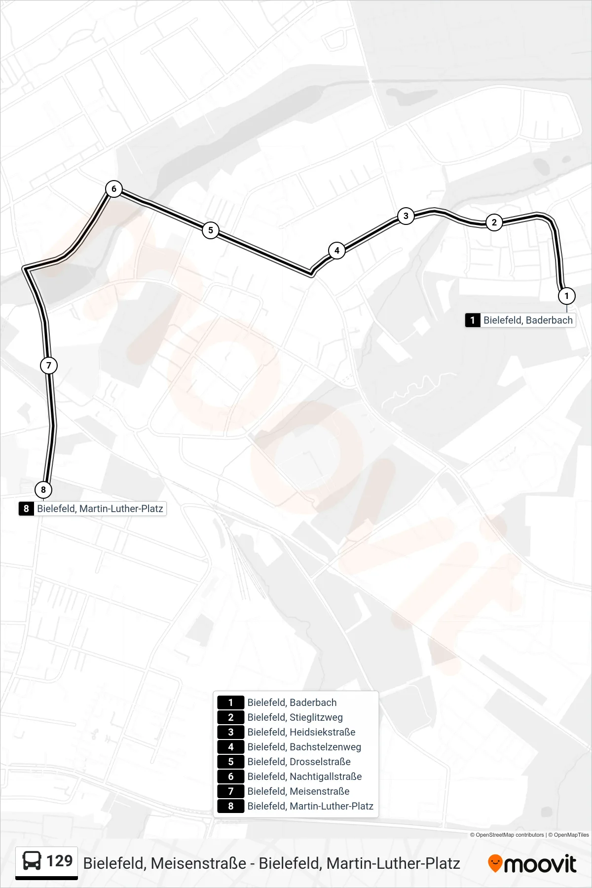 Linie 129 (Bus) Richtung Bielefeld, Martin-Luther-Platz: Route und Haltestellen auf der Karte