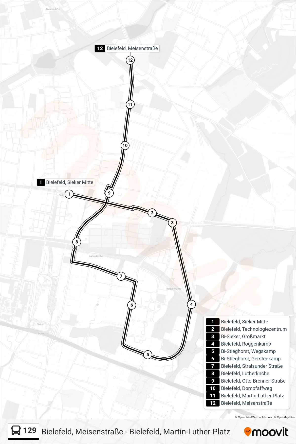 Linie 129 (Bus) Richtung Bielefeld, Meisenstraße: Route und Haltestellen auf der Karte